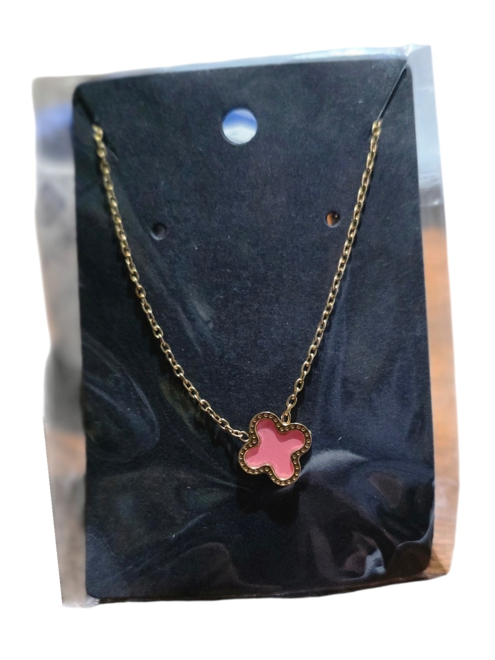 Pink Clover Quatrefoil Pendant Necklace Gold Tone Dainty Minimalist New